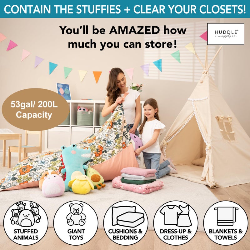 Huddle Supply Co HUDDLE Original Cover for Stuffed Animal Bean Bag Storage (No Filler) XL Designer Beanbag Chairs for Kids & Adults | Instant Clutter Clear for Stylish Moms - 100% Cotton Canvas Chair Cover Boho Floral - Image 3