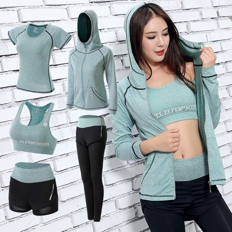 Generic Yoga clothing 5-piece autumn and winter hot sports clothing professional running fitness suit womens coat T-shirt bra Green 5-piece set 