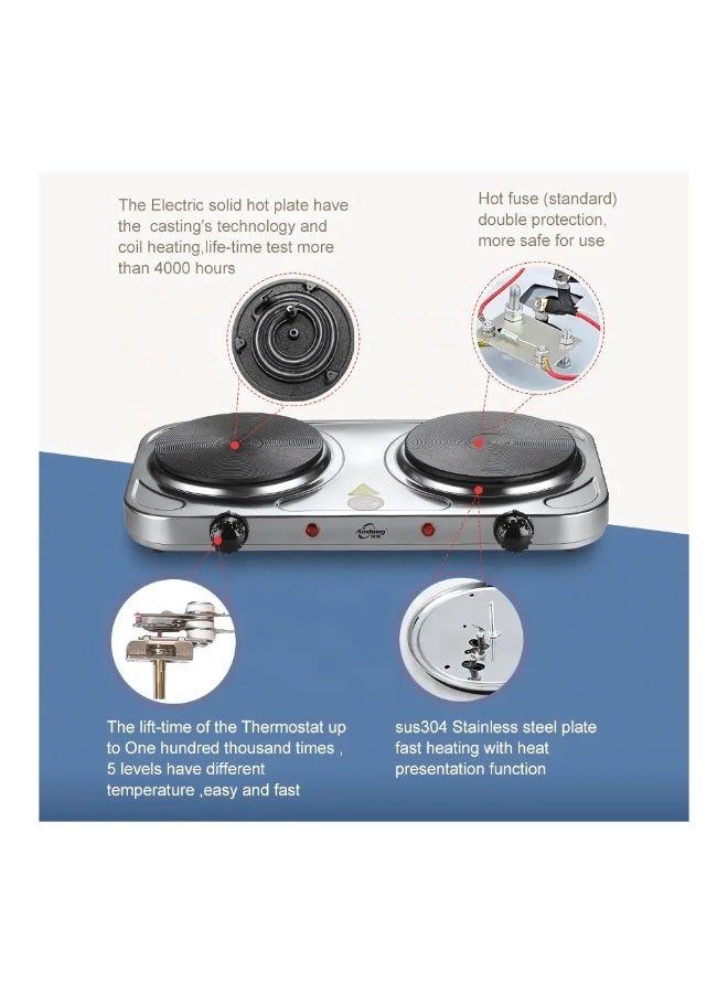 هوم موقد كهربائي مزدوج من الفولاذ المقاوم للصدأ - موقد كهربائي محمول بشعلتين مع تحكم قابل للتعديل في درجة الحرارة - Image 5