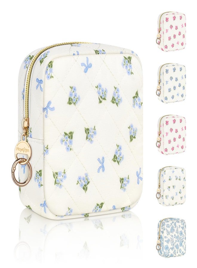 Playexen Floral Period Bag, Small Period Pouches for Teen Girls, Quilted Sanitary Napkin Storage Bag, Compact Discreet Pad and Tampon Holder for Purse (Floral-Blue - Image 1