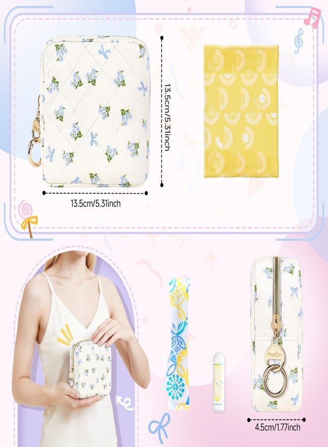 Playexen Floral Period Bag, Small Period Pouches for Teen Girls, Quilted Sanitary Napkin Storage Bag, Compact Discreet Pad and Tampon Holder for Purse (Floral-Blue - Image 2
