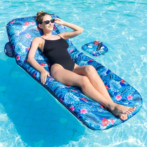 FindUWill Inflatable Pool Float Lounger Fabric Pool Float with Cup Holder Backrest Swimming Water Floaties Pool Raft for Adults Tropical Blue - Image 1
