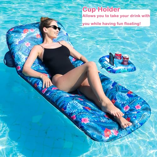 FindUWill Inflatable Pool Float Lounger Fabric Pool Float with Cup Holder Backrest Swimming Water Floaties Pool Raft for Adults Tropical Blue - Image 5