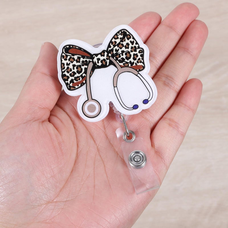 BVIIE Leopard Bow Stethoscope Badge Reel  Cute Retractable Id Card Badge Holder  Name Tag Work Badge Clip For Icu Nicu Rn Lpn Cna Ma Er Cardiology Night Shift Nurse Nursing Student Or Gi Doctor  Nurse Gifts - Image 2