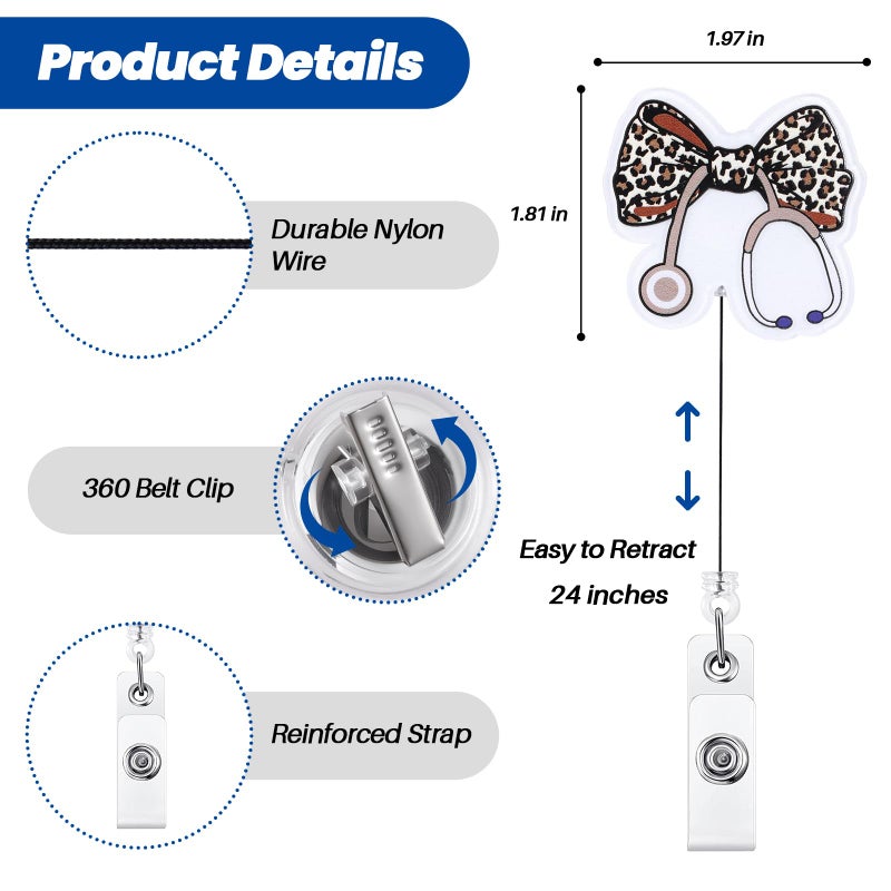 BVIIE Leopard Bow Stethoscope Badge Reel  Cute Retractable Id Card Badge Holder  Name Tag Work Badge Clip For Icu Nicu Rn Lpn Cna Ma Er Cardiology Night Shift Nurse Nursing Student Or Gi Doctor  Nurse Gifts - Image 4