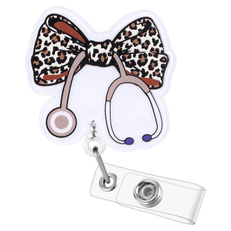 BVIIE Leopard Bow Stethoscope Badge Reel  Cute Retractable Id Card Badge Holder  Name Tag Work Badge Clip For Icu Nicu Rn Lpn Cna Ma Er Cardiology Night Shift Nurse Nursing Student Or Gi Doctor  Nurse Gifts - Image 1