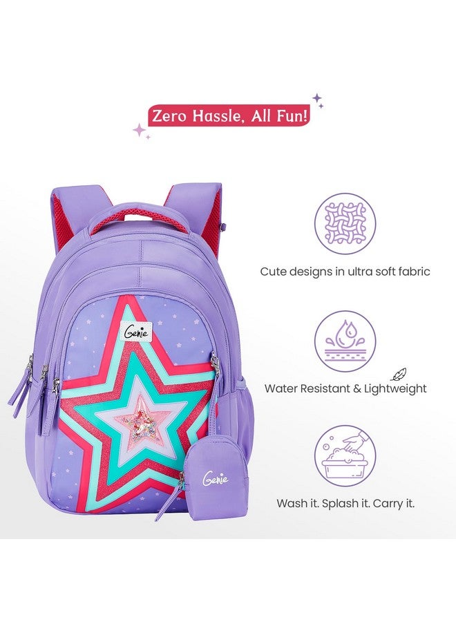 Genie حقيبة ظهر جيني بوبستار للفتيات | 15 إنش - 20 لتر مع ثلاثة أقسام، جيوب جانبية وخفة الوزن مع أكتاف مبطنة | الأفضل للكتب، القرطاسية، صندوق الغداء والضروريات - لافندر، لافندر - Image 4