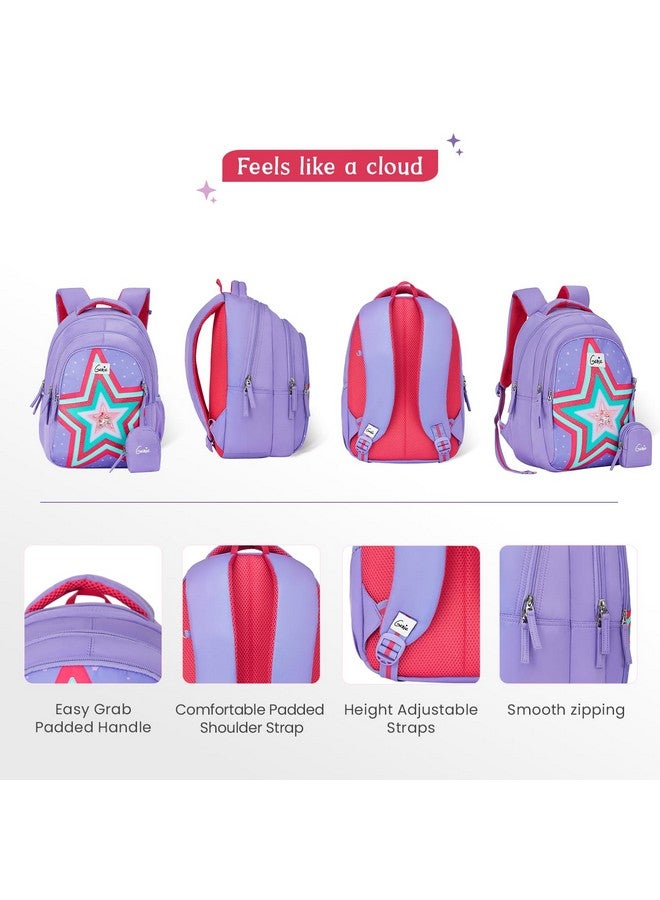 Genie حقيبة ظهر جيني بوبستار للفتيات | 15 إنش - 20 لتر مع ثلاثة أقسام، جيوب جانبية وخفة الوزن مع أكتاف مبطنة | الأفضل للكتب، القرطاسية، صندوق الغداء والضروريات - لافندر، لافندر - Image 3