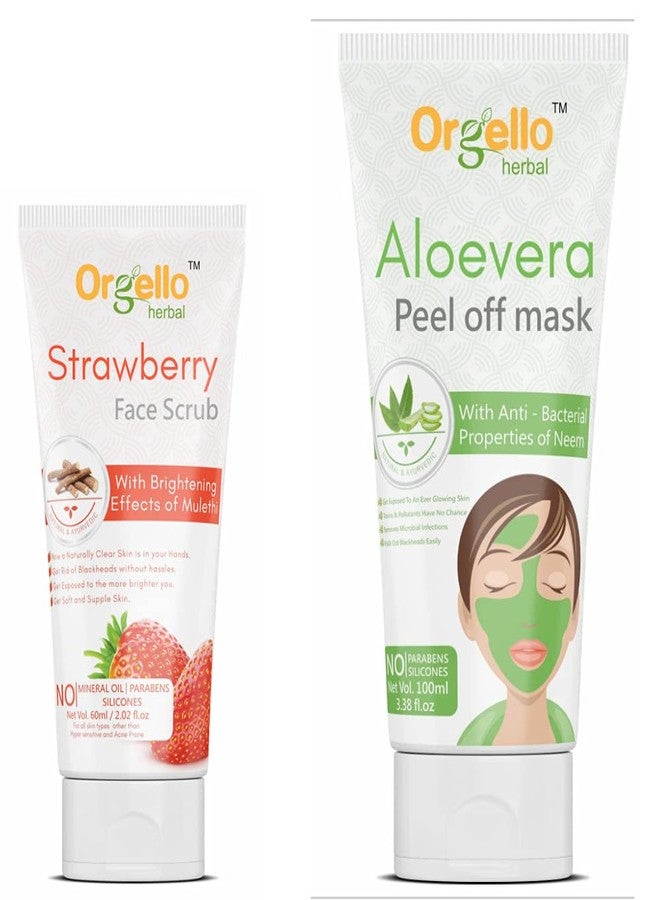 Orgello herbal Strawberry scrub for face and body men women 1 x 60 gm + Aloe vera peel off mask 1 x 100 gm pack of 2 - Image 1