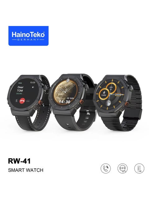 Haino Teko Germany RW41 Round Shape AMOLED Display Smart Watch With 3 Pair Straps and Wireless Charger For Men's and Boys Black