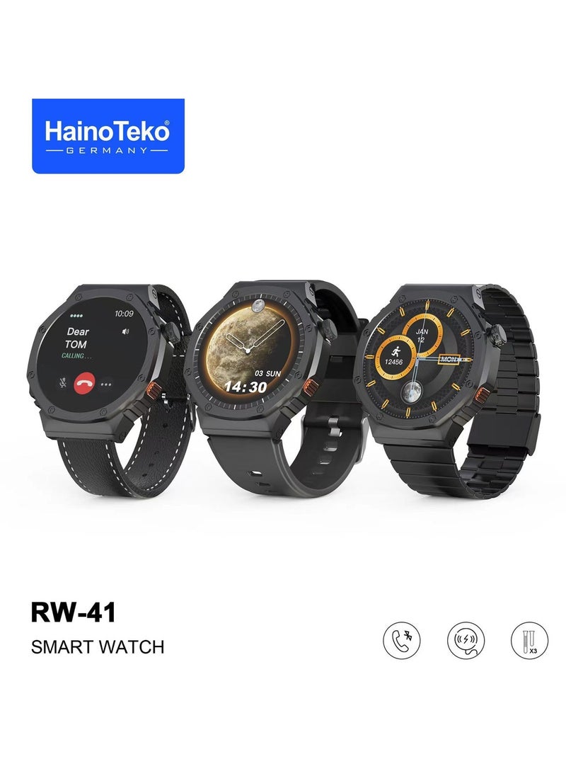 Haino Teko Haino Teko Germany RW41 Round Shape AMOLED Display Smart Watch With 3 Pair Straps and Wireless Charger For Men's and Boys Black  - Image 1