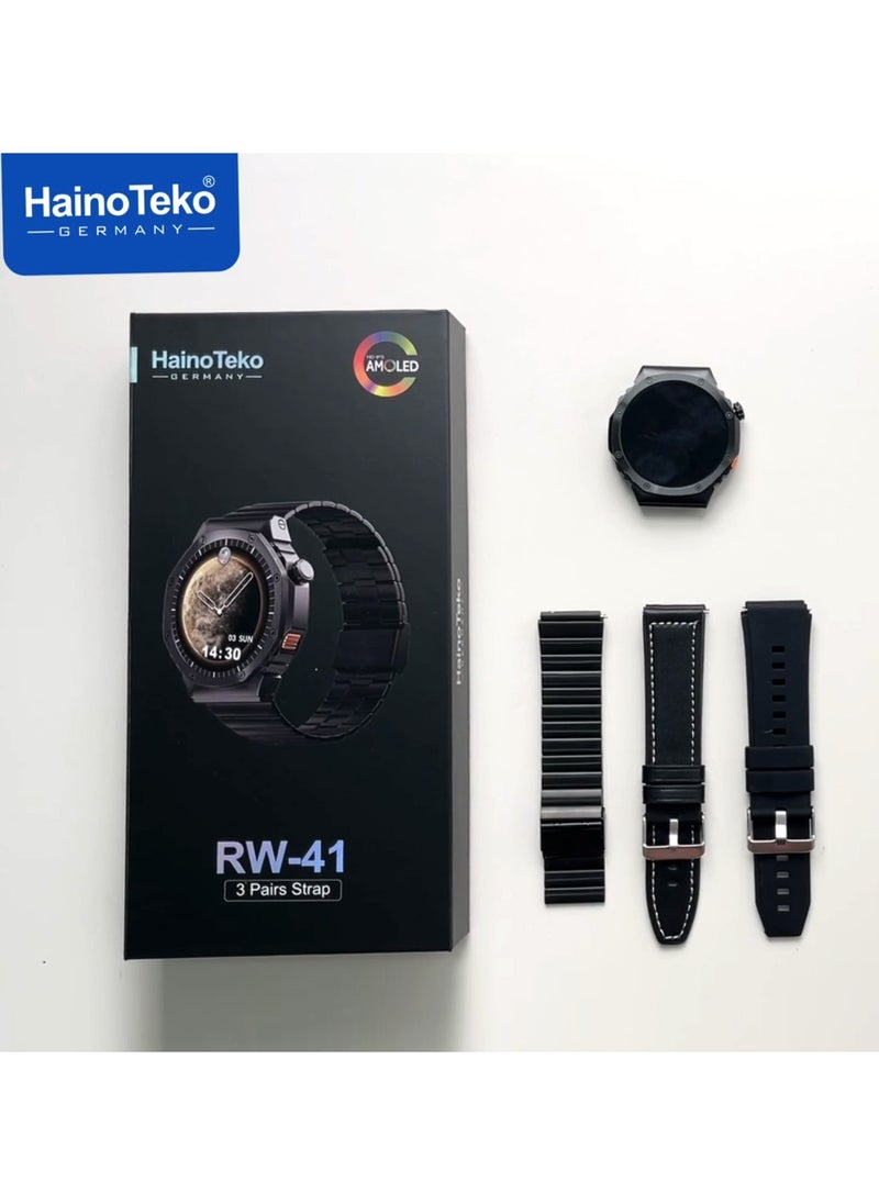 Haino Teko Germany RW41 Round Shape AMOLED Display Smart Watch With 3 Pair Straps and Wireless Charger For Men's and Boys Black