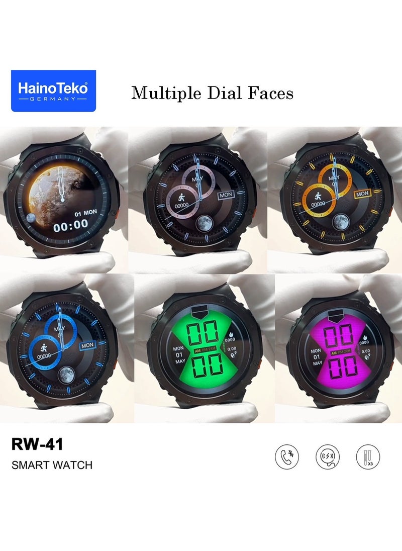 Haino Teko Germany RW41 Round Shape AMOLED Display Smart Watch With 3 Pair Straps and Wireless Charger For Men's and Boys Black