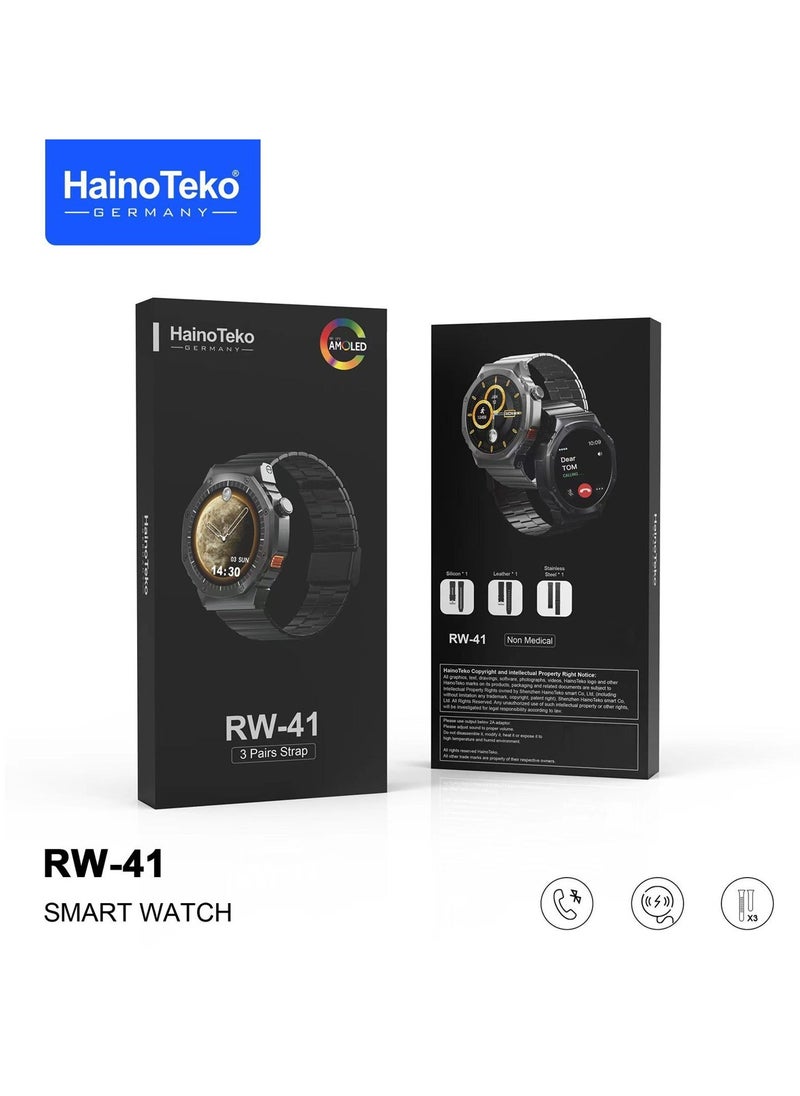 Haino Teko Germany RW41 Round Shape AMOLED Display Smart Watch With 3 Pair Straps and Wireless Charger For Men's and Boys Black