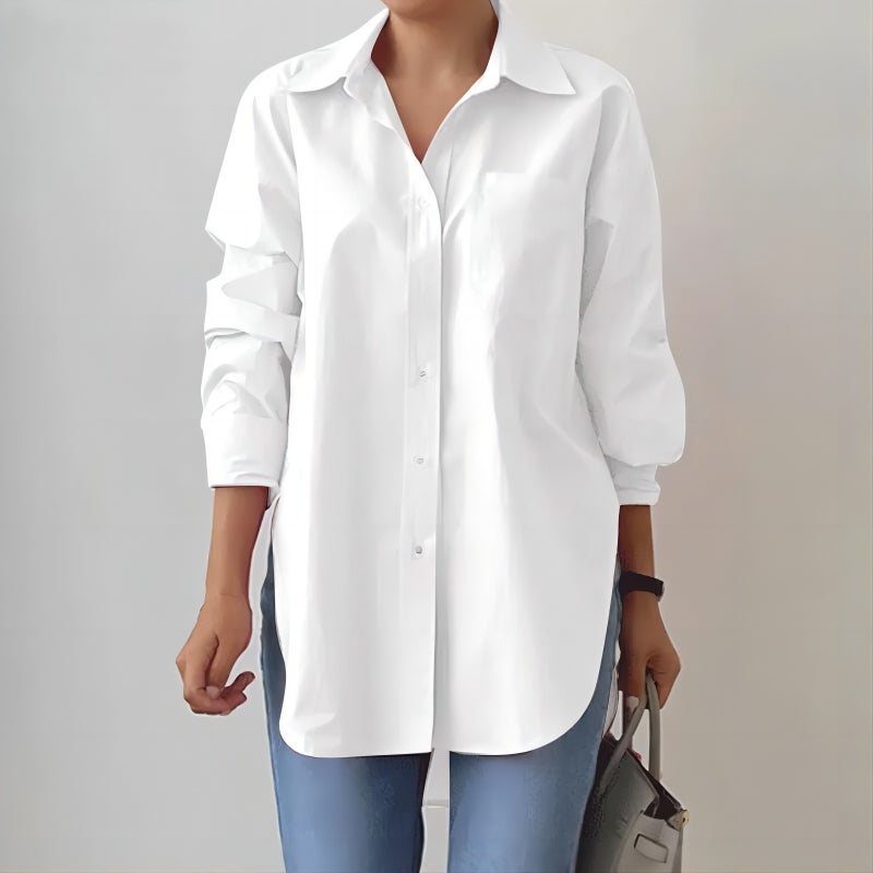 Elegant Lapel Long Sleeve Split Hem Oversize Blouse Pink  - Image 3