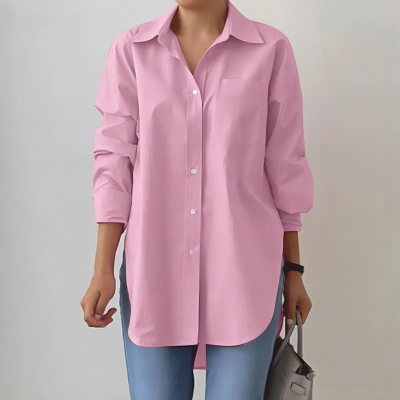 Elegant Lapel Long Sleeve Split Hem Oversize Blouse Pink  - Image 1