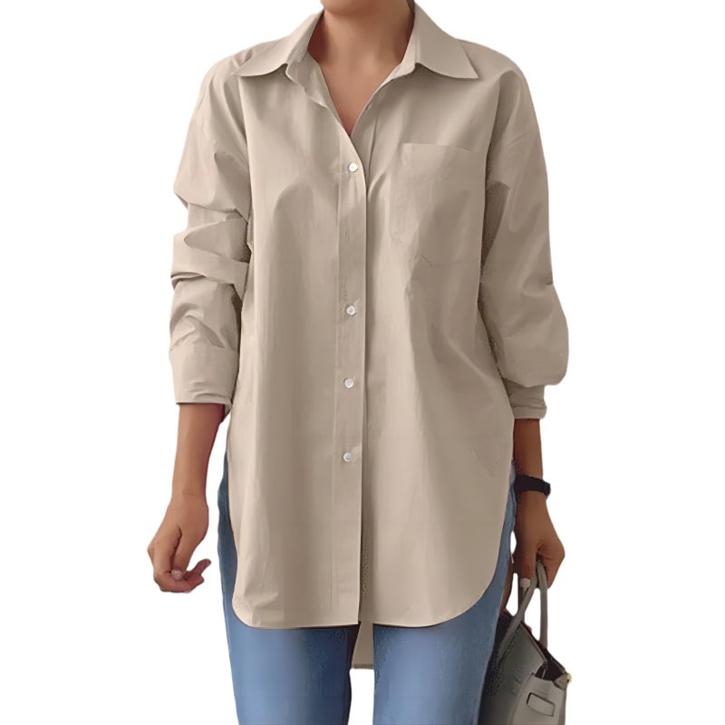 Elegant Lapel Long Sleeve Split Hem Oversize Blouse Pink  - Image 5