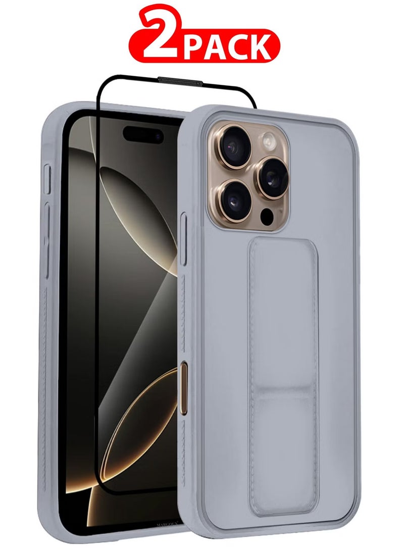 ELTRAZONE 2-Pack Premium PU Leather Case & Screen Protector for iPhone 16 Pro Max – Shockproof, Anti-Scratch, Stand Function, Finger Grip Case Cover (Grey) - Image 1