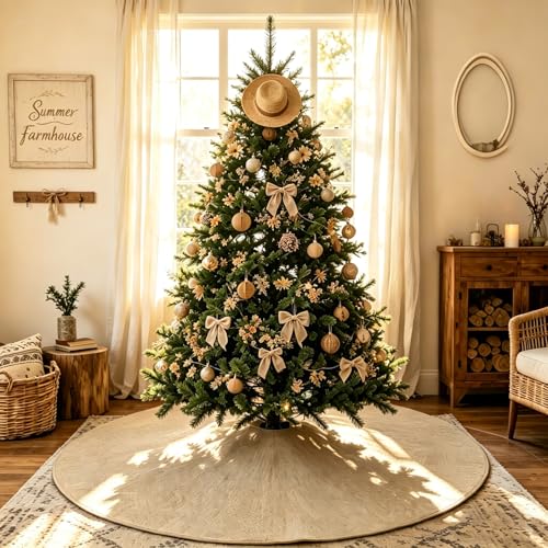tiosggd Spring Summer Burlap Tree Skirt, 48 Inches Large Jute Linen Mother's Day Tree Decorations Ornaments, Fall Tree Mats, Farmhouse Rustic Countryside Thanksgiving Day Neutral Tree Decor - Image 1
