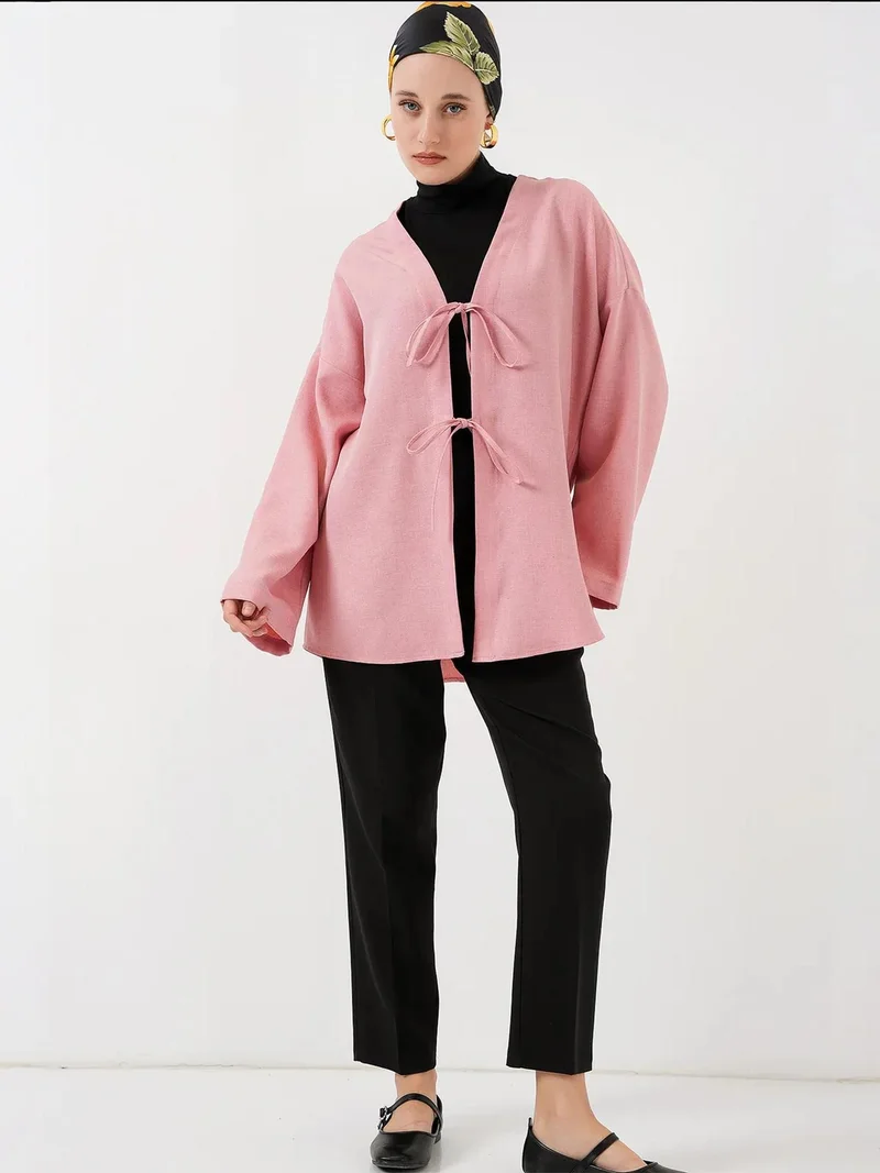 BIG DART BDART Linen Blend Long Sleeve Kimono with Binding Detail