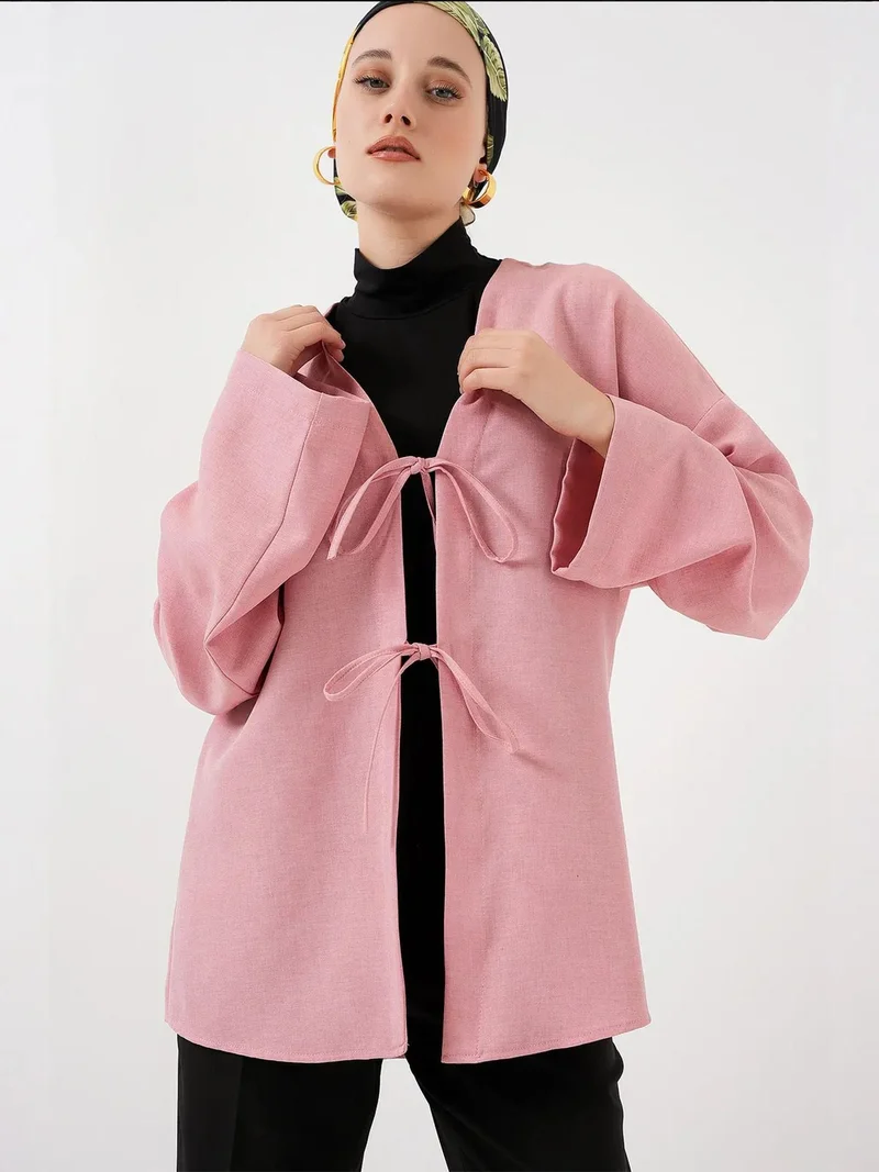 BIG DART BDART Linen Blend Long Sleeve Kimono with Binding Detail