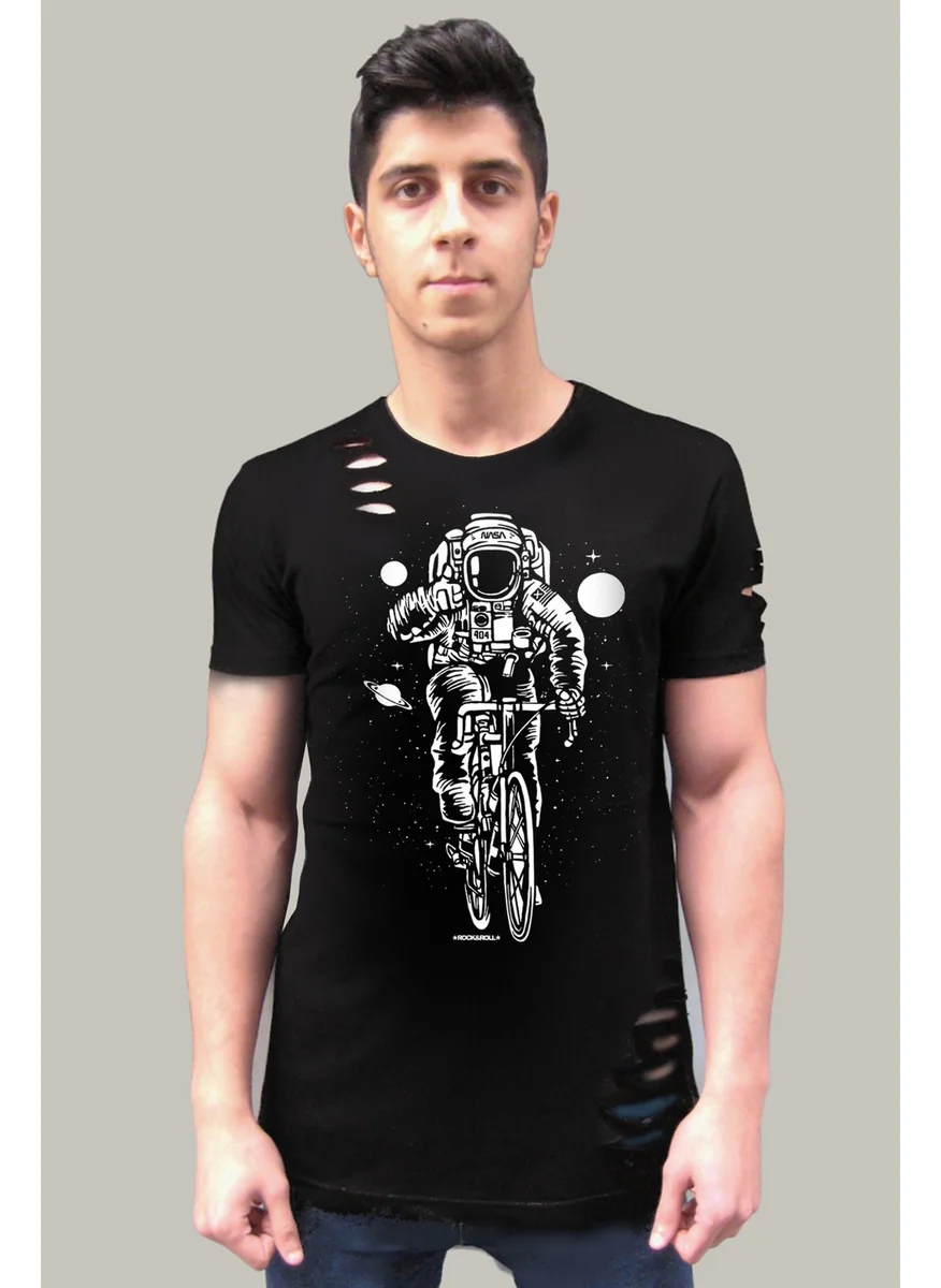 Rock&Roll Rock & Roll Bicycle Astronaut Black Short Sleeve Ripped T-Shirt