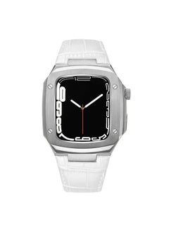 O Ozone Stainless Steel Case with Genuine Leather Watch Band For Apple Watch 44mm 45mm, Luxury Metal Protective Bumper Cover for Men- White  - Image 1