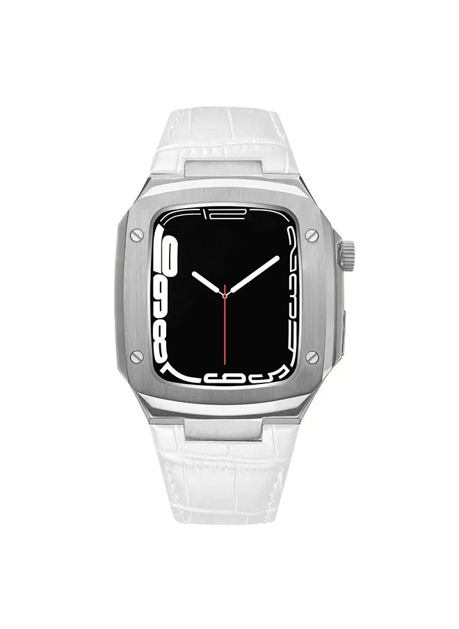 O Ozone Stainless Steel Case with Genuine Leather Watch Band For Apple Watch 44mm 45mm, Luxury Metal Protective Bumper Cover for Men- White  - Image 1