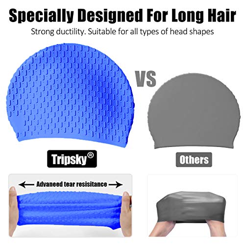 Tripsky Silicone Swim Cap,Comfortable Bathing Cap Ideal for Curly Short Medium Long Hair, Swimming Cap for Women and Men, Shower Caps Keep Hairstyle Unchanged (Dark Blue) - Image 3