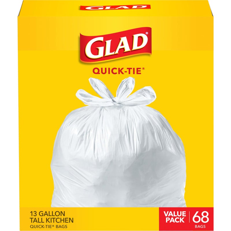 Glad Tall Kitchen Trash Bags 13 Gallon, Unscented Garbage Bags, Quick-Tie, 68 Count - Image 1