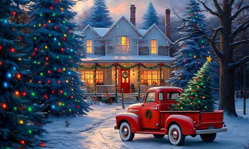 Backdropon Vintage Red Truck with Christmas Tree and Gifts Festive Holiday Winter Wonderland Scene Photography Background for Christmas Decorations Photoshoots Size 5Feet Height & 8Feet Width(5 * 8) - Image 1