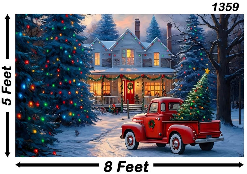 Backdropon Vintage Red Truck with Christmas Tree and Gifts Festive Holiday Winter Wonderland Scene Photography Background for Christmas Decorations Photoshoots Size 5Feet Height & 8Feet Width(5 * 8) - Image 3