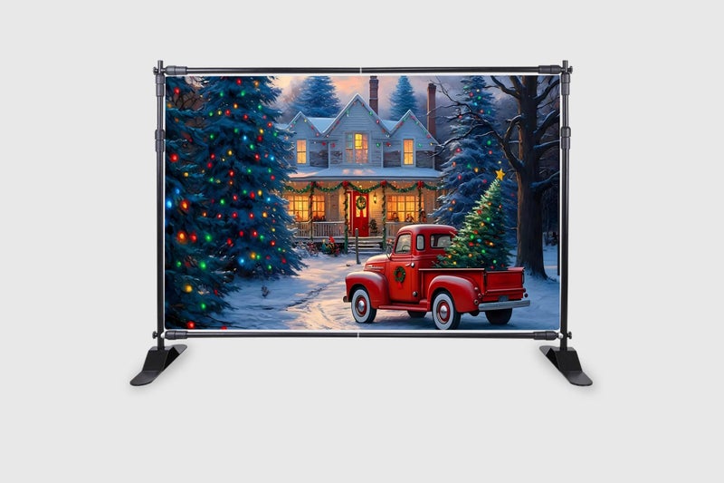 Backdropon Vintage Red Truck with Christmas Tree and Gifts Festive Holiday Winter Wonderland Scene Photography Background for Christmas Decorations Photoshoots Size 5Feet Height & 8Feet Width(5 * 8) - Image 2