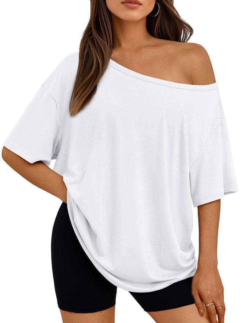 LILLUSORY Off The Shoulder Tops Oversized Tshirts Short Sleeve Basic Tee 2026 Casual Trendy Cute Asymmetrical Summer Fashion Clothes White M - Image 1