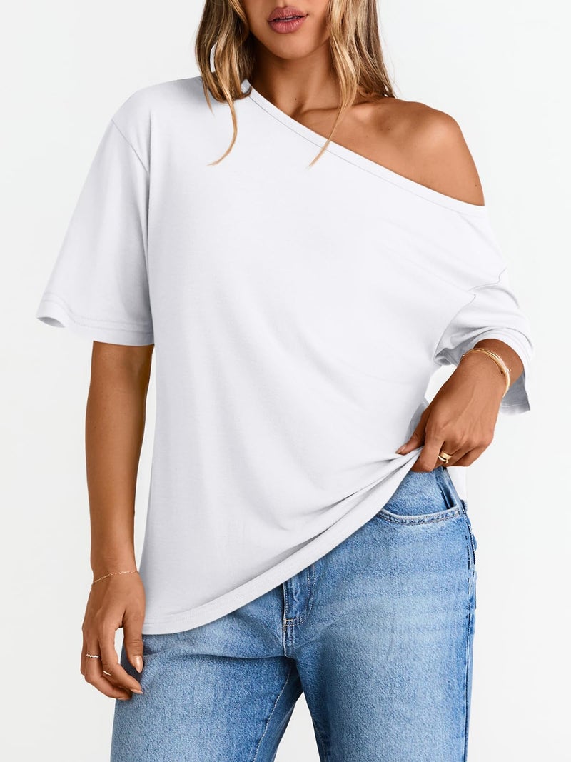 LILLUSORY Off The Shoulder Tops Oversized Tshirts Short Sleeve Basic Tee 2026 Casual Trendy Cute Asymmetrical Summer Fashion Clothes White M - Image 2