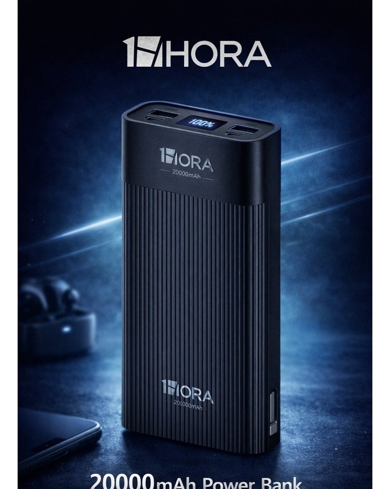 باور بانك 1HORA GAR158 سعة 20000 مللي أمبير - شحن سريع للغاية بقوة 22.5 واط، شاشة رقمية LED، يدعم تقنيات شحن متعددة (PD+QC 3.0)، شاحن محمول عالي السعة - أسود
