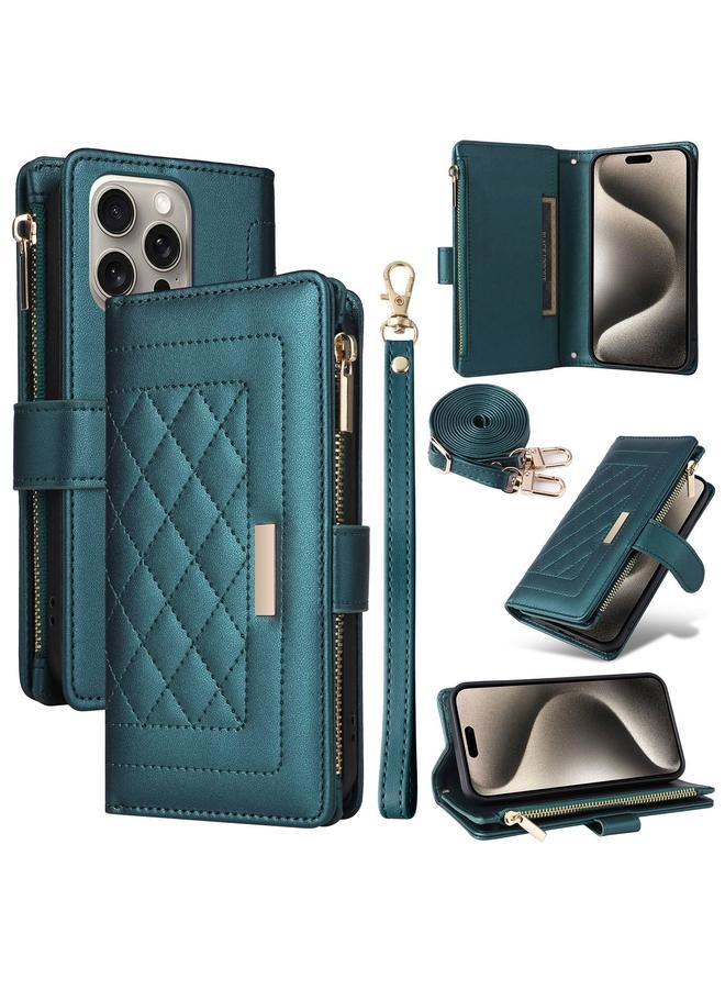 اس-توب جراب هاتف iPhone 15 Pro Crossbody بسحاب ومحفظة من الجلد على شكل معين - Image 1