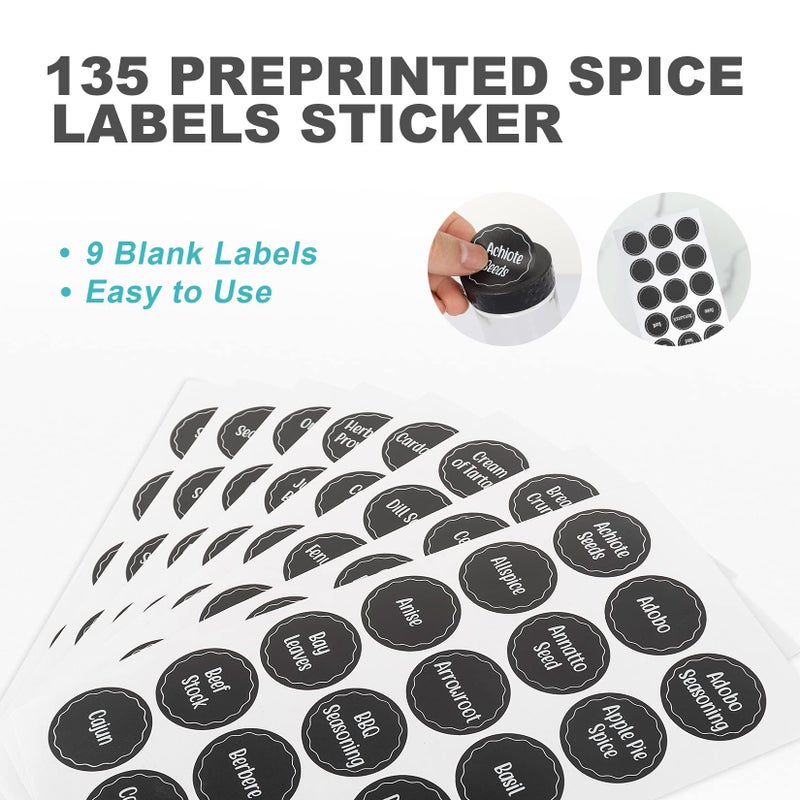 Tianifa Black Countertop Rotating Spice Rack, Round Empty 20-Jars Revolving Spice Rack Organizer, 135 Spice Labels with Funnel Complete Set, for Kitchen Countertop, Cabinet - Image 5