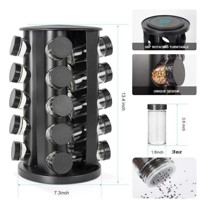 Tianifa Black Countertop Rotating Spice Rack, Round Empty 20-Jars Revolving Spice Rack Organizer, 135 Spice Labels with Funnel Complete Set, for Kitchen Countertop, Cabinet - Image 2