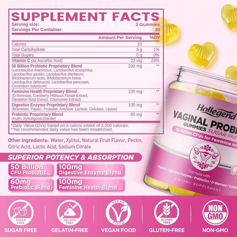 Hollegend Vaginal Probiotics Gummies for Women Balanced pH 50 Billion CFUs for Feminine Vaginal odor  Flora Cranberry DMannose Vitamin C for Yeast Balance  Immune Health Sugar Free Pineapple 60 Chews - Image 2