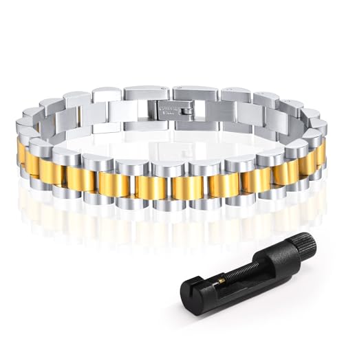 MPRAINBOW سوار سلسلة رابط مطلي بالذهب عيار 18 من MPRAINBOW، سوار صداقه من الفولاذ المقاوم للصدأ مع كريستال، سلاسل أساور ساعة مع أداة ضبط - Image 1