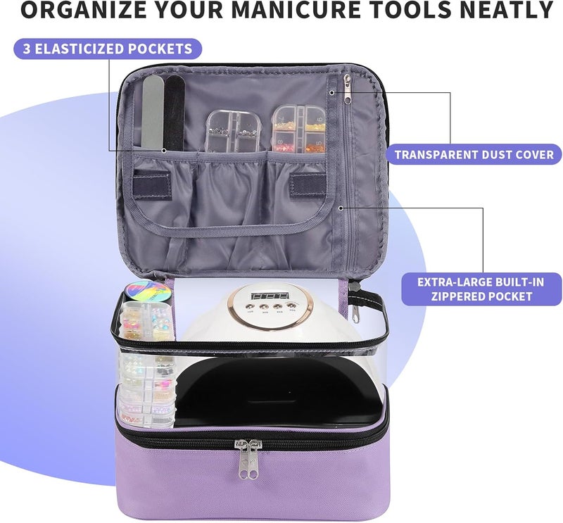 BELOVING Clear Nail Polish Organizer Double layer Nail Polish Holds 30 Bottles and Nail Lamp, Nail Dryer Case Storage Supplies with Adjustable Dividers, Portable Nail Carrying Bag for Nail Tech (Purple) - Image 2