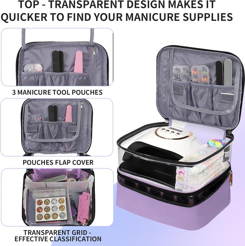 BELOVING Clear Nail Polish Organizer Double layer Nail Polish Holds 30 Bottles and Nail Lamp, Nail Dryer Case Storage Supplies with Adjustable Dividers, Portable Nail Carrying Bag for Nail Tech (Purple) - Image 4