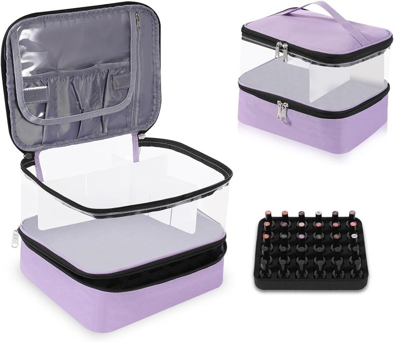BELOVING Clear Nail Polish Organizer Double layer Nail Polish Holds 30 Bottles and Nail Lamp, Nail Dryer Case Storage Supplies with Adjustable Dividers, Portable Nail Carrying Bag for Nail Tech (Purple) - Image 1