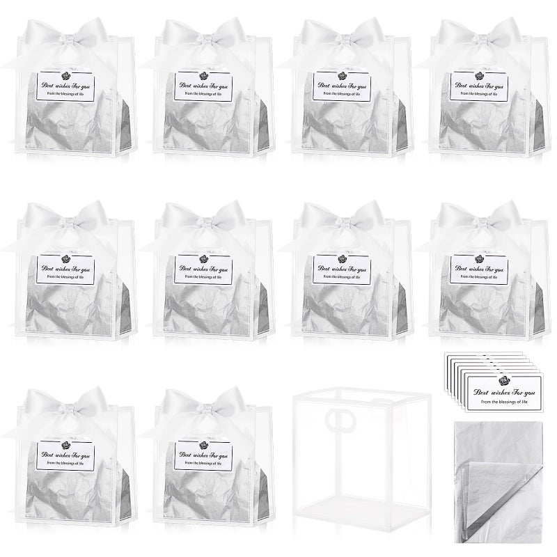 Tenare 12 Pack 4Ã—2.8Ã—4.5 Inch Mini Clear Plastic Gift Bags with Handles Valentines Extra Small Transparent Party Favor Bags Bulk with Ribbon Tissue Paper for Wedding Party Supplies(White) - Image 1