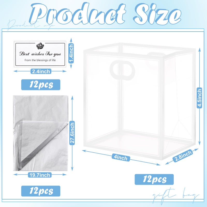 Tenare 12 Pack 4Ã—2.8Ã—4.5 Inch Mini Clear Plastic Gift Bags with Handles Valentines Extra Small Transparent Party Favor Bags Bulk with Ribbon Tissue Paper for Wedding Party Supplies(White) - Image 2