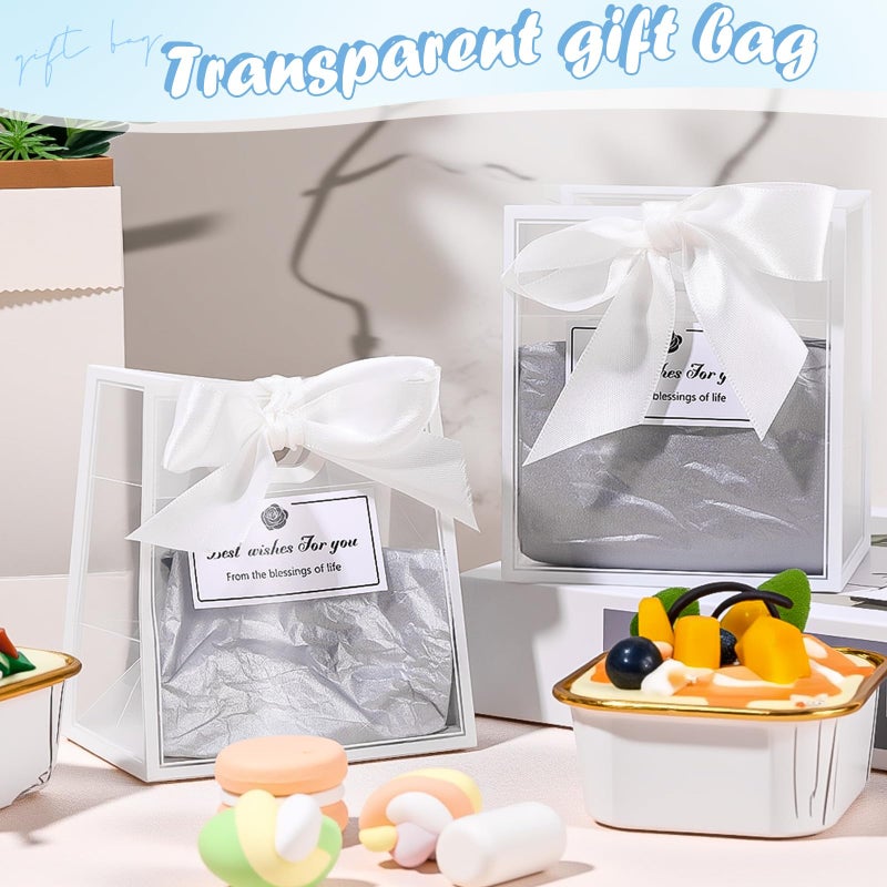 Tenare 12 Pack 4Ã—2.8Ã—4.5 Inch Mini Clear Plastic Gift Bags with Handles Valentines Extra Small Transparent Party Favor Bags Bulk with Ribbon Tissue Paper for Wedding Party Supplies(White) - Image 5