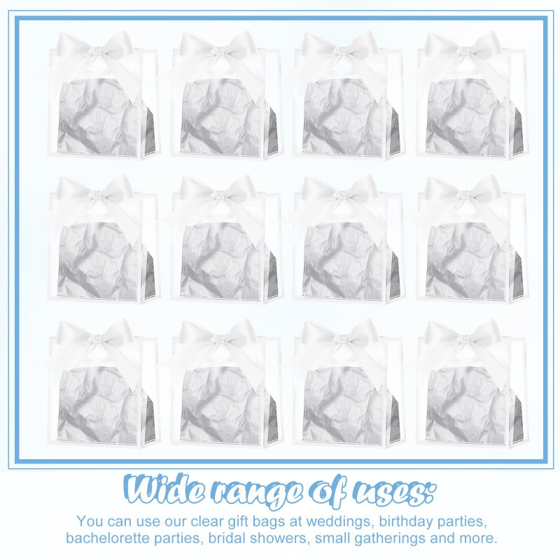 Tenare 12 Pack 4Ã—2.8Ã—4.5 Inch Mini Clear Plastic Gift Bags with Handles Valentines Extra Small Transparent Party Favor Bags Bulk with Ribbon Tissue Paper for Wedding Party Supplies(White) - Image 4