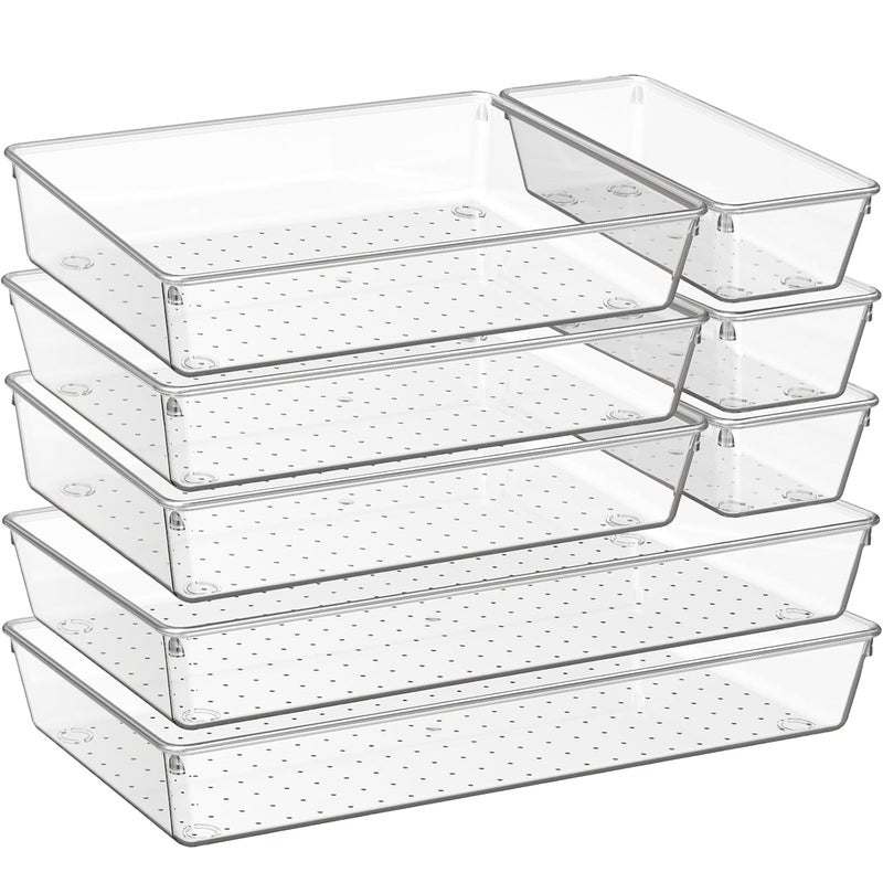 Criusia 8 Pack Large Clear Plastic Drawer Organizer Trays 3 Sizes BPAFree Acrylic Bathroom Drawer Organization Storage Bins NonSlip Drawer Dividers for Kitchen Utensils Makeup Office Jewelry - Image 1