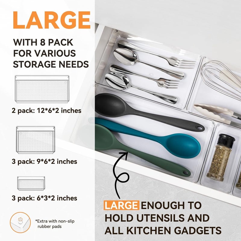 Criusia 8 Pack Large Clear Plastic Drawer Organizer Trays 3 Sizes BPAFree Acrylic Bathroom Drawer Organization Storage Bins NonSlip Drawer Dividers for Kitchen Utensils Makeup Office Jewelry - Image 2